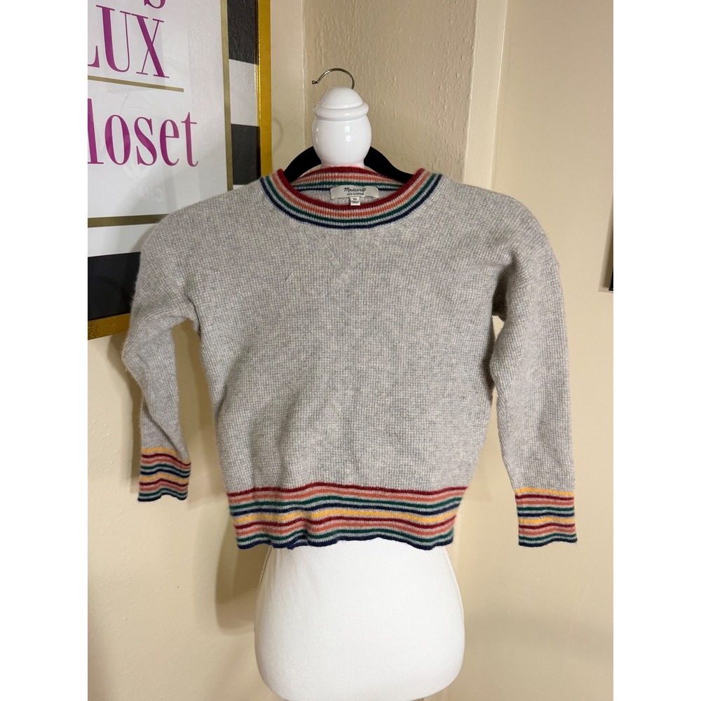 Madewell 100% Cashmere Rainbow Stripe‎ Trim Crewneck Sweater Heather Grey XS